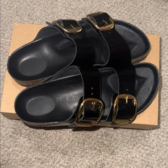Black Big Buckle Shiny Birkenstock Sandals with Gold Buckles - Picture 2 of 5
